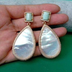 2.5" Big White Sea Shell Cz Pave Teardrop Shape Dangle Amazonite Stud Earrings - Picture 1 of 5