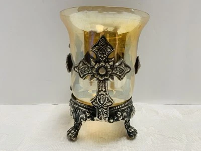 Porta Cruz Gótico Metal y Vidrio Ámbar para Velas Decorativo Foto 1 de 4