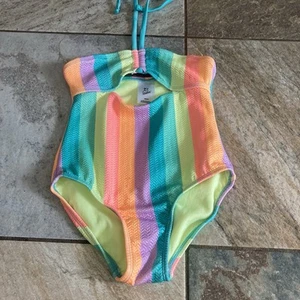 Art Class Bright Multi Color Vertical Stripe Tie Neck One Piece Small 6/7 - Picture 1 of 5