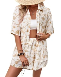 Linen Sets for Women 2 Piece Summer Printed Short Sleeve High Waist Shorts Lo... - Picture 1 of 5