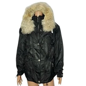 Metropolis Women's Black Hooded Coyote Fur Trim Zip Jacket Coat 8 Medium - Picture 1 of 16
