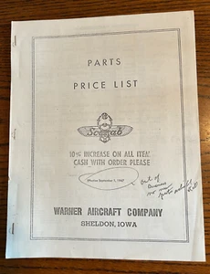 Warner Aircraft Company Scarab Parts Price List September 1947 Reproduction - Picture 1 of 4