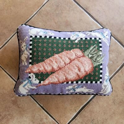 Vintage Needlepoint Pillow With Carrot & Bunny Design Wool Front & Cotton Back 1 - Image 1 of 4