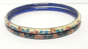 2 Cloisonne Emaille Floral Armreif Armbänder Blumen blau innen 5 mm breit Vintage - Bild 1 von 21