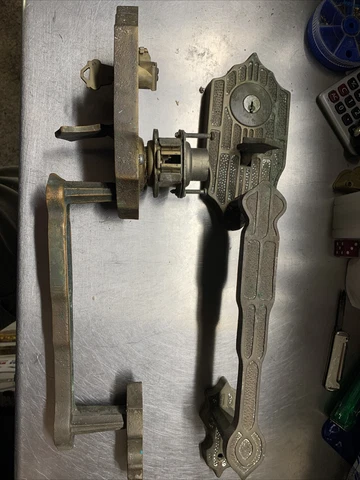2 VTG Large Brass Thumb Latch Door Handles 15” Cover