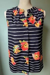 MAISON JULES Damen kleines ärmelloses Shirt Knopf Blumen Streifen Top Bluse blau - Bild 1 von 5