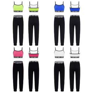 2Pcs Kids Girls Sport Suit Dance Outfits Spaghetti Straps Crop Vest+Pants Sets - Picture 1 of 36