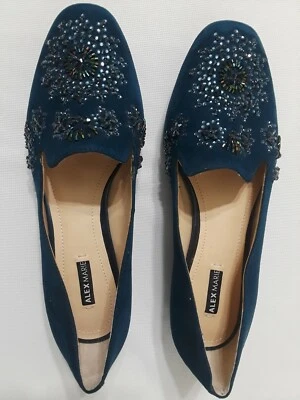 Alex Marie Zapatos Mocasines Gamuza Azul Textil Estrás Cuentas Sin Cordones talla 6.5  Foto 1 de 4