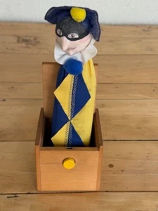 Vintage 1985 Jax of Maine Handmade Jack-in-the-Box Jester with mask  blue yellow - Picture 1 of 15