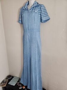 70's jumpsuit lt blue w/ paid sz 11 short sleeve flare disco bell bottom poly