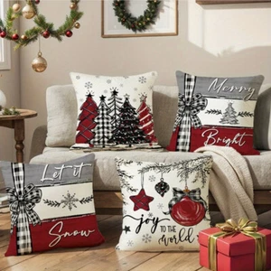 4 PCS Christmas Pillow Covers Linen Christmas Tree Print Home Pillow Covers - Picture 1 of 8