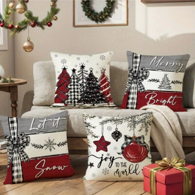 4 PIEZAS Fundas de Almohada de Navidad Lino Estampado de Árbol de Navidad Fundas de Almohada para el Hogar Foto 1 de 4