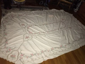 Tovaglia vintage fatta a mano ricamata pizzo floreale rosa rosa RETTANGOLO 96”x66” - Foto 1 di 6