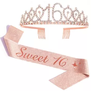 Sweet 16 Sash & Rhinestone Tiara Set 16th Birthday Gift Rose Gold - Picture 1 of 5