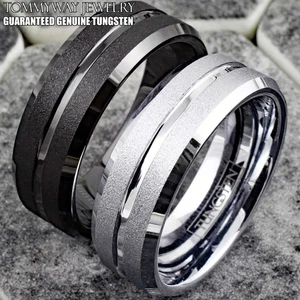 Wolfram Herren Silber oder Schwarz Sandstrahl Finish Mitte Nut Ehering Ring - Bild 1 von 9