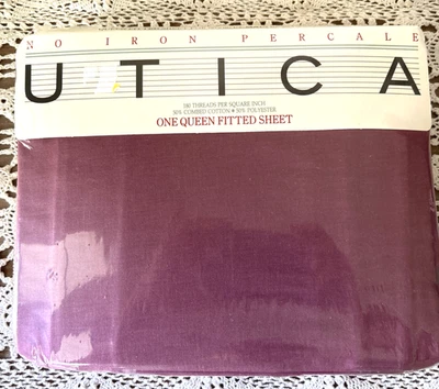 Vtg UTICA 90's Queen Fitted Sheet Pipeline Solids Berry 180 Threads USA Percale - Image 1 of 4