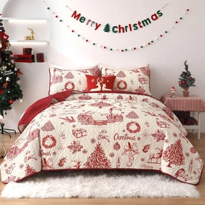 DJY Weihnachten Quilt Set King Size, Rot Weihnachtsbaum Muster Tagesdecke Set King... - Bild 1 von 8