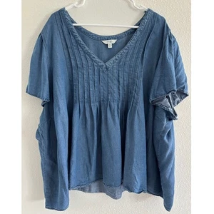 Terra & Sky Top Womens 3XL Blue Chambray Pleated Western Preppy Casual Career - Picture 1 of 5
