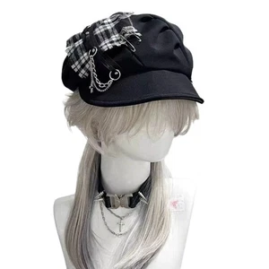 Women Plaid Chain Beret Hat Cap Painter Newsboy Harajuku Gothic Punk Black - Picture 1 of 7