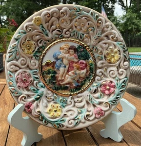 Capodimonte Vintage Italian Porcelain Plate Raised Floral & Cherub Design Italy - Picture 1 of 4