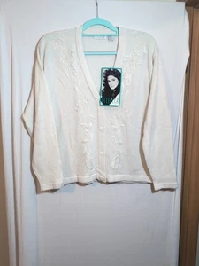 Vintage 80s Sellecca Cardigan Sweater Size M Ivory Embroidery Cottage NWT - Picture 1 of 6