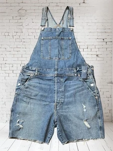 Abercrombie & Fitch Shortalls Distressed Light Wash Cutoff Overall Shorts Size L - Picture 1 of 8