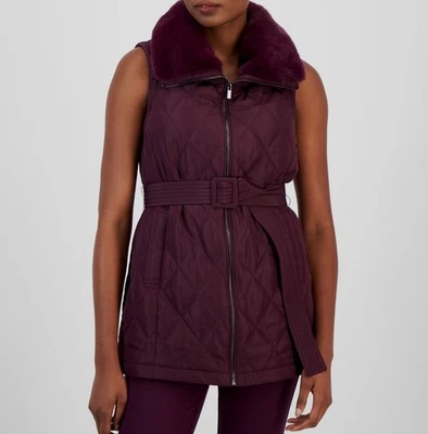 Anne Klein Womens Purple Faux-Fur Collar Quilted Belted Vest Coat Jacket Size XS - Image 1 of 4