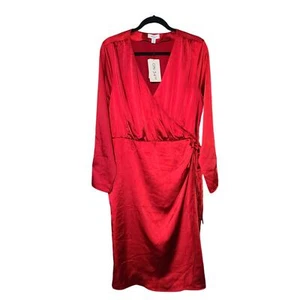 On 34th Tie Wrap Long Sleeve Elastic Waist V-Neck Red Satin Dress XL NWT - Picture 1 of 14