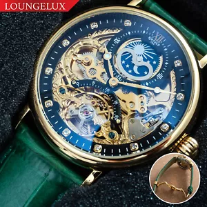 Mens Watch Automatic Mechanical Dual Time Rose Gold Green Strap Gift for Him - Picture 1 of 12