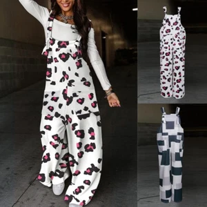 Womens Sleeveless Printed Overalls Dungarees Trousers Casual Loose Jumpsuit US - Picture 1 of 10