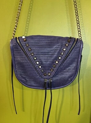 She+Lo 紫色皮革斜挎包 铆钉手提包 链带 流苏 Glam Biker  — 第 1/4 张图片