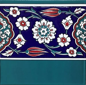 Turquiose, Red & Blue 8"x8" Turkish Iznik Floral Pattern Ceramic Tile BORDER  - Picture 1 of 1