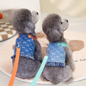 Dog Harness and Leads Leash Set Pet Puppy Jeans Vest Chic Breathable Soft Cute ☋ - Picture 1 of 16