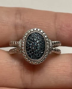 JS AFFINITY 925 STERLING SILVER BLUE PAVE DIAMOND DOUBLE BAND SIZE 8 - Picture 1 of 12