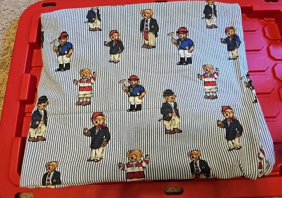 Ralph Lauren Twin Приталенная плоская простыня Винтажный поло плюшевый мишка полоска США - Изображение 1 из 3