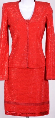 ST.JOHN Womens Red Metallic Shimmer Sequins Studs Rhinestone Jacket Dress Sz 4-6 - Image 1 of 4
