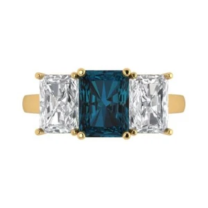 4Ct Emerald Natural London Blue Topaz 3 Stone Engagement Ring, 14K Yellow Gold - Picture 1 of 11