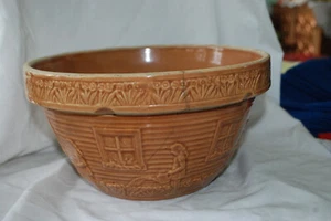 Antique Robinson Ransbottom Brown Stoneware 9" Mixing Bowl Girl w/ Watering Can - Picture 1 of 9