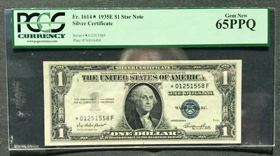 1935E $1 Silver Certificate []STAR[]  Fr  1614*  []  PCGS 65 GEM PPQ [] *F Block - Image 1 of 2