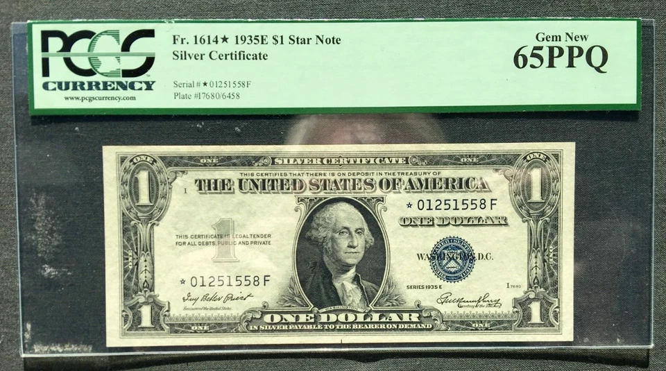 1935E $1 Silver Certificate []STAR[]  Fr  1614*  []  PCGS 65 GEM PPQ [] *F Block - Image 1 of 2