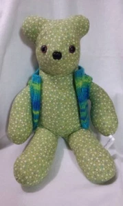 Hope Crafters Small Print Fabric Green Blue Teddy Bear w/Crochet Sweater 17" USA - Picture 1 of 12
