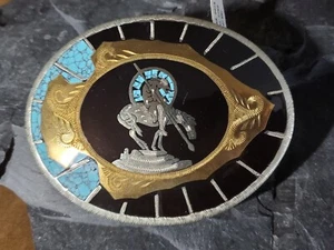 Vtg LG Johnson & Held Belt Buckle Arrowhead End Of Trail Chip Turquoise Inlay - Picture 1 of 20