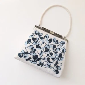 Japanese Vintage Beaded Evening Bag Karakusa Pattern White,Blue 7x6 inch - Picture 1 of 19