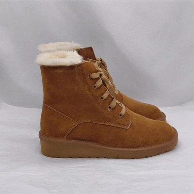 Style & Co 女式 9 正品麂皮绒皮靴棕色毛皮衬里系带舒适全新带盒 — 第 1/4 张图片