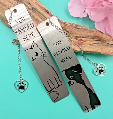 1 or 2PCS! CAT DOG Metal BOOKMARK PAW & CRYSTAL PERSONALISED READERS GIFT XMAS