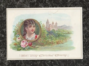 Tarjeta de Navidad victoriana en relieve retrato de mujer rosas escena del castillo 4,5x3 - Imagen 1 de 2