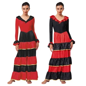 Womens Dancewear V-Neck Dresses Tango Costume Big Swing Dress Standard Tiered - Picture 1 of 36