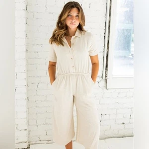 NLT Leinenmischung Jumpsuit Einteiler Strampler Kurzarm hellbraun 2XL - Bild 1 von 13