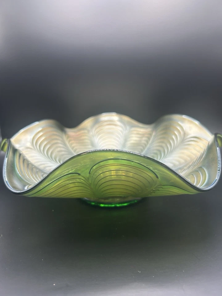 Vintage Fenton Carnival Glass 9" Green Iridescent Peacock Tail Ruffled Bowl - Image 1 of 4