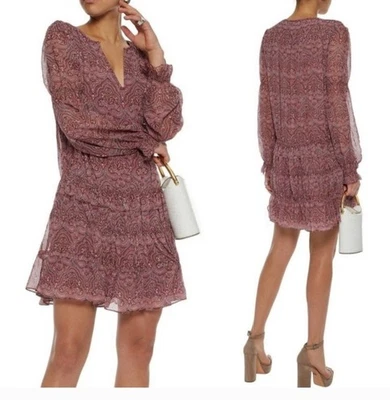 Joie Snow Paisley Silk Boho Mini Dress Sz Small Tiered Chiffon Smocked Oversized - Image 1 of 4